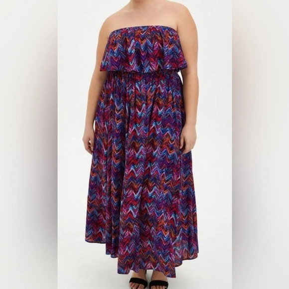 Torrid Challis Strapless Chevron Print Ruffle Maxi Dress Boho Women’s Size 0 New - Picture 7 of 8